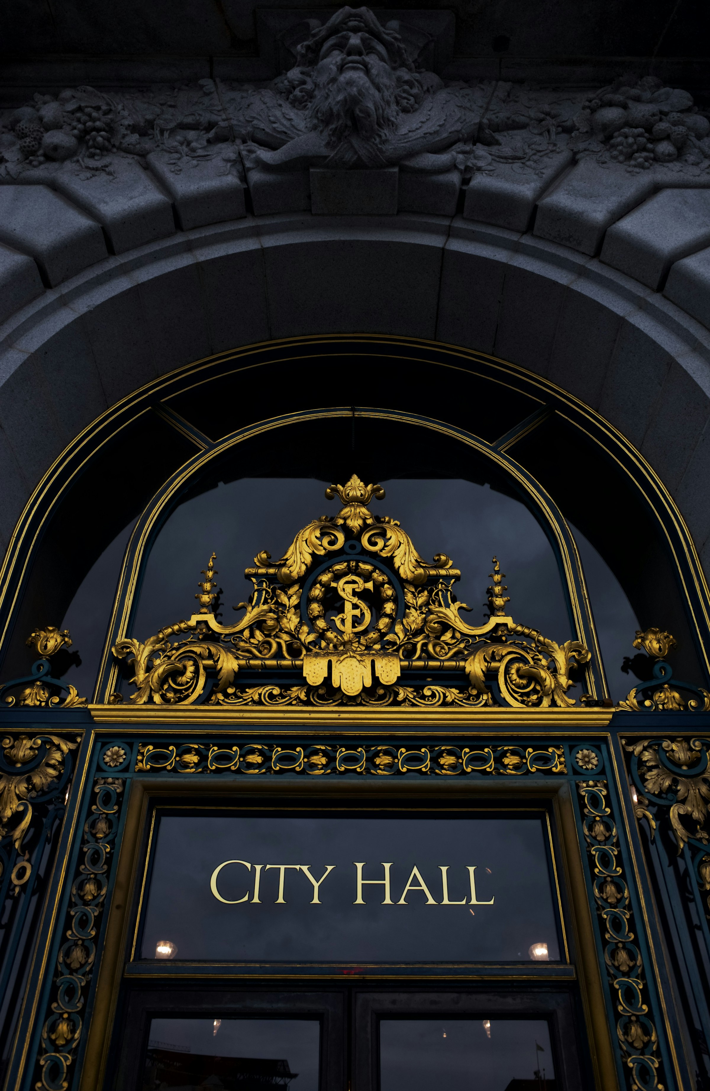 City Hall entrance with civic architecture and lighting