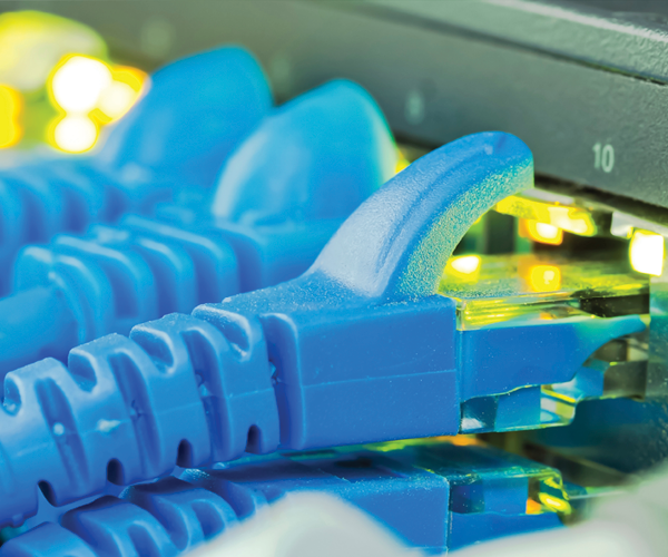 Ethernet cables plugged into a PoE network switch carrying power and data