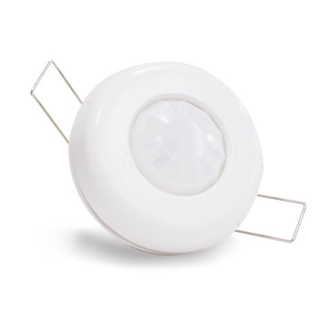 GENISYS PoE multi-function occupancy sensor face-on with PIR Fresnel lens and spring mounting clips