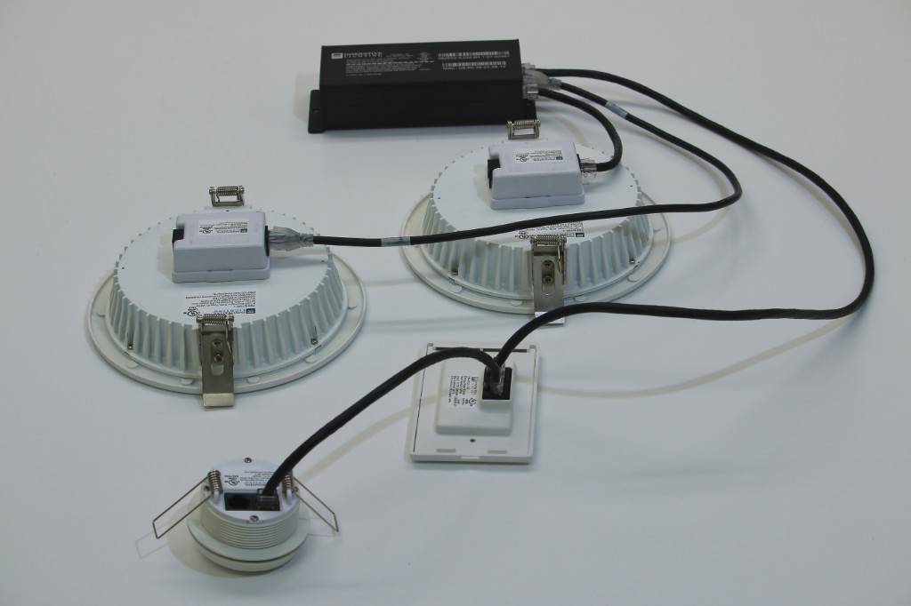 GENISYS PoE lighting starter kit connected with Ethernet cables from IntelliDrive to downlights and wall switch