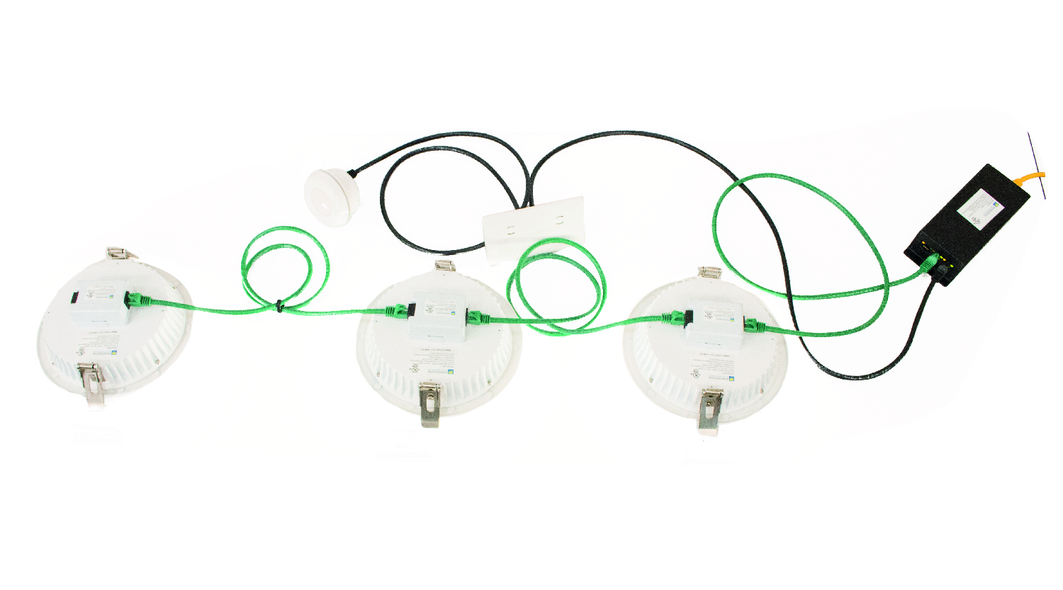 GENISYS PoE lighting system with fixtures, sensor, wall switch, cabling, and controller