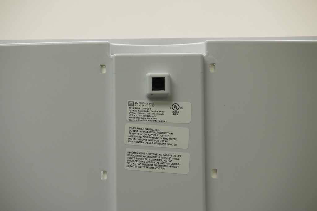 GENISYS Leaf Troffer PoE RJ45 jack and UL label for 2x2 tunable white panel light