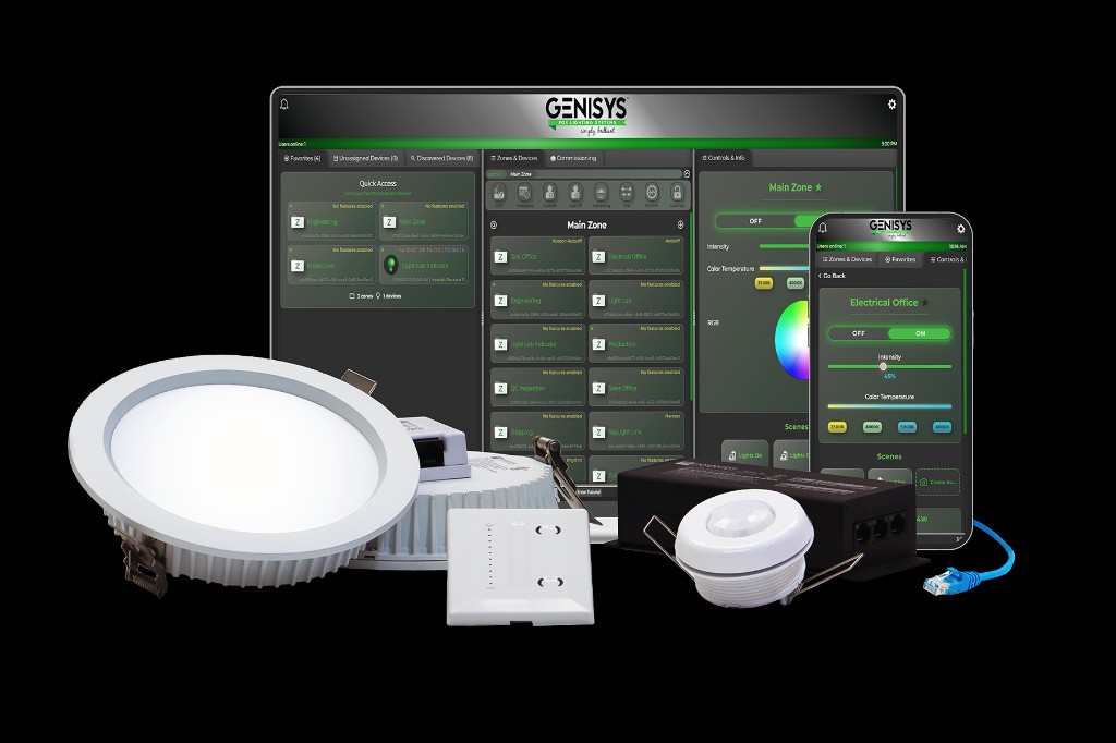 GENISYS PoE lighting hardware and software: downlight, wall switch, occupancy sensor, and IntelliDrive with desktop and mobile control apps