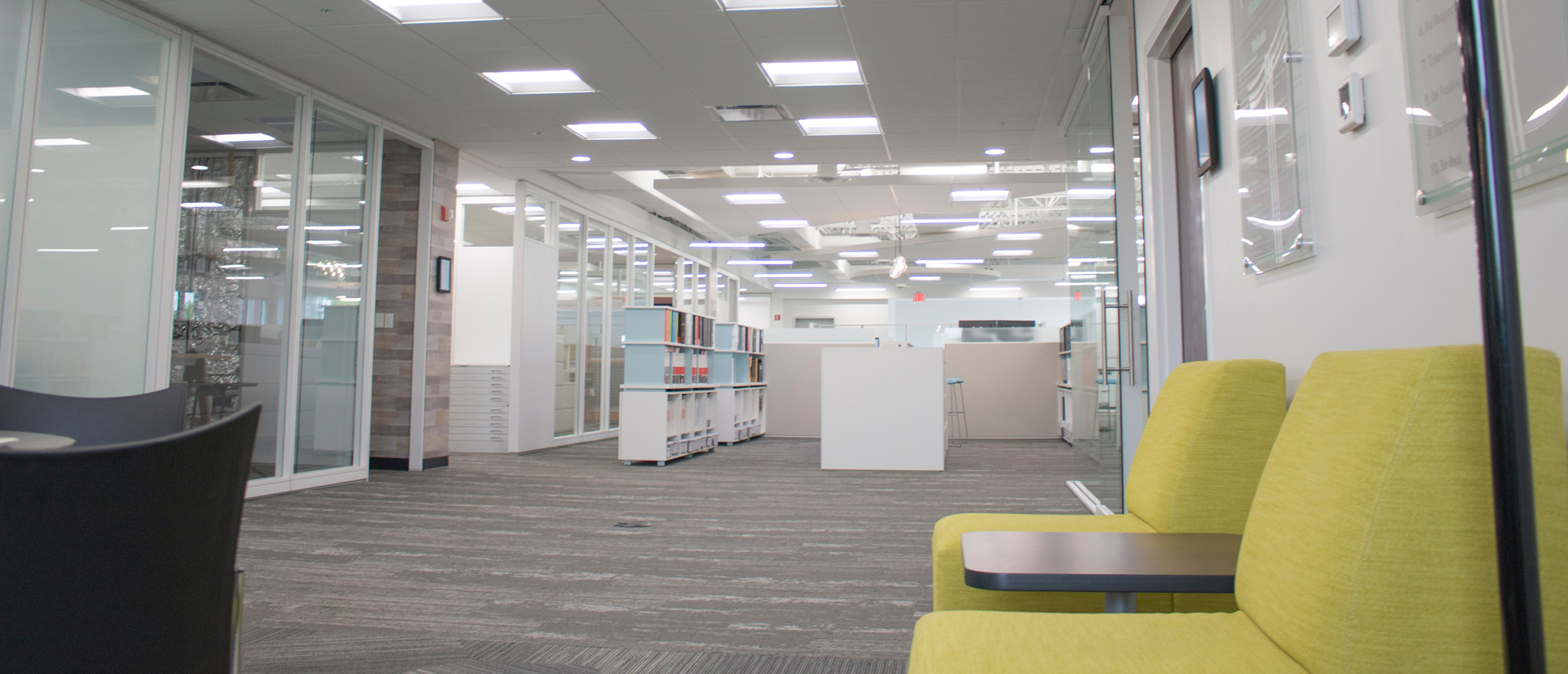 Triplett modern office with GENISYS PoE lighting panels and glass-walled workspaces