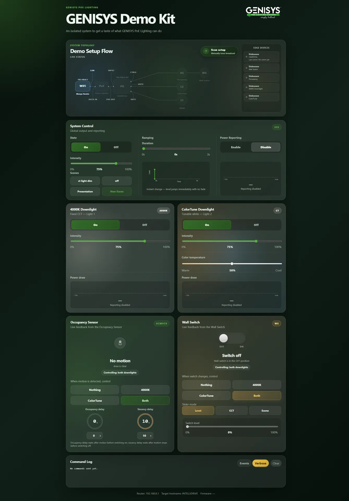 GENISYS Demo Kit control webpage with setup topology, dimming, ColorTune, occupancy sensor, and wall switch