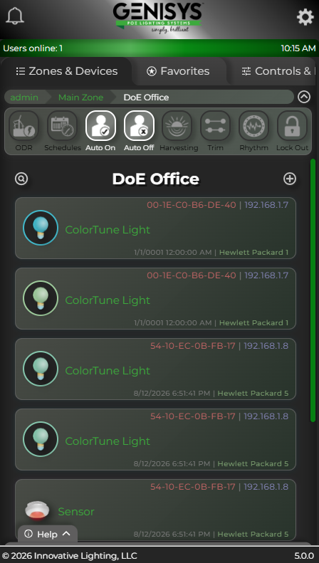 GENISYS software on a phone listing ColorTune fixtures and a sensor in a zone