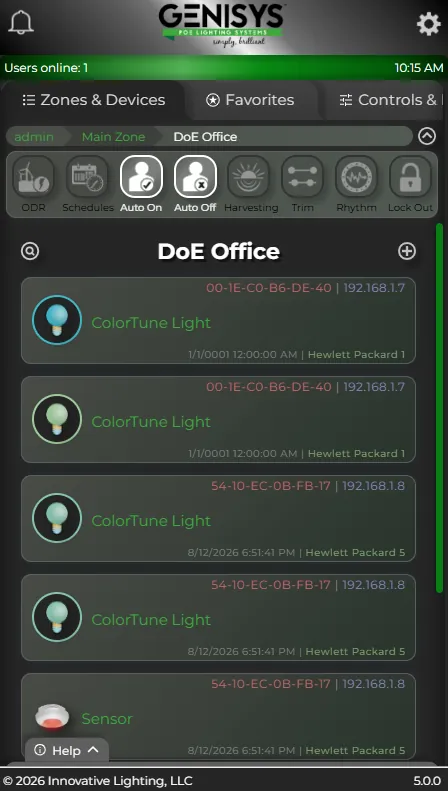 GENISYS software on a phone listing ColorTune fixtures and a sensor in a zone