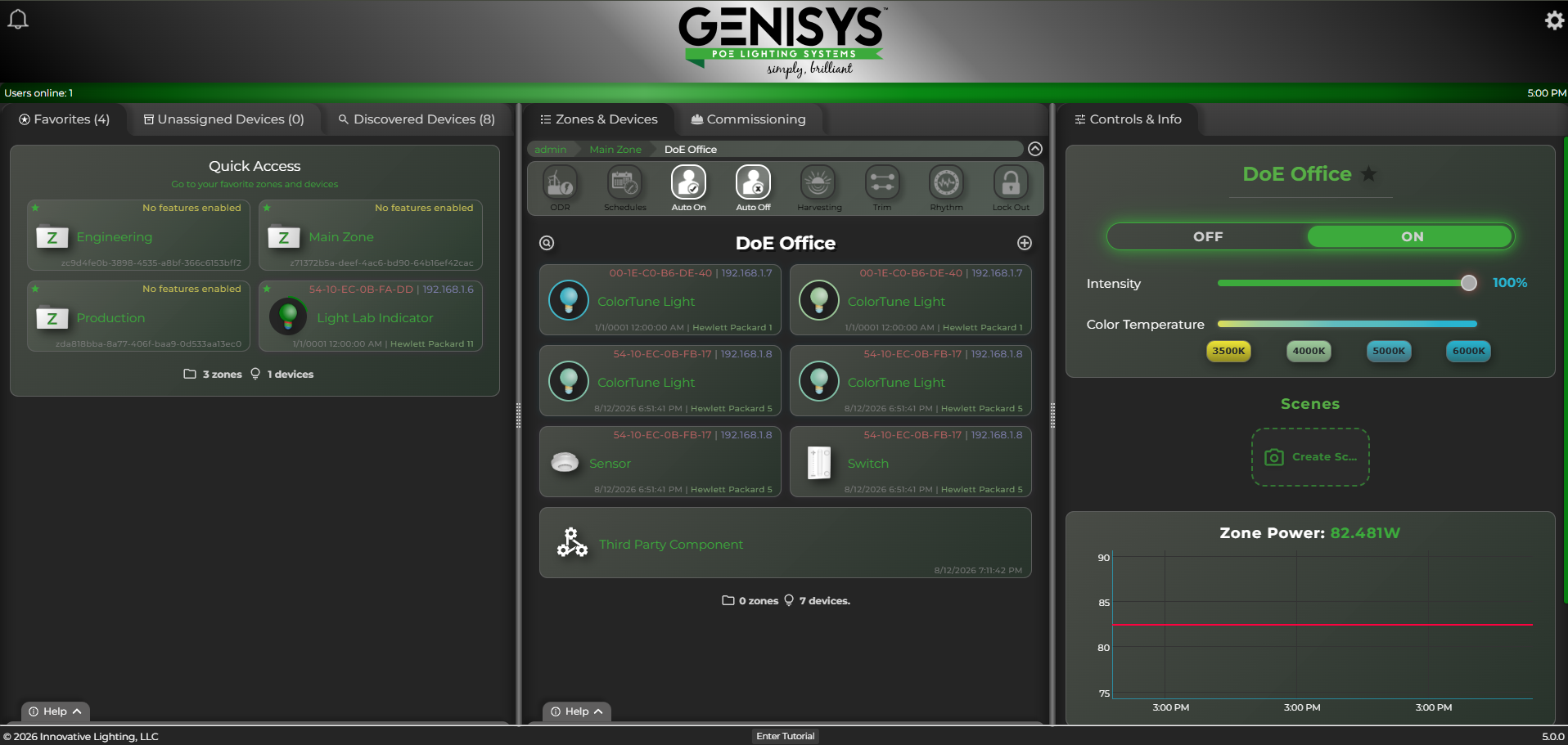 GENISYS software zone with ColorTune fixtures, sensor, wall switch, and a third-party component