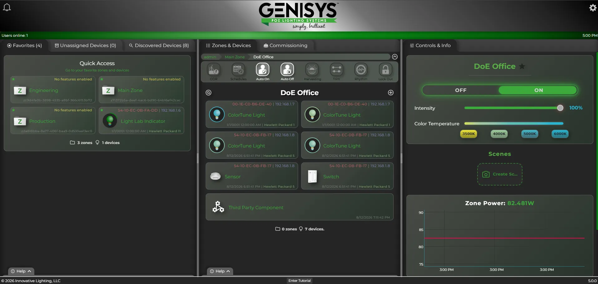 GENISYS software zone with ColorTune fixtures, sensor, wall switch, and a third-party component