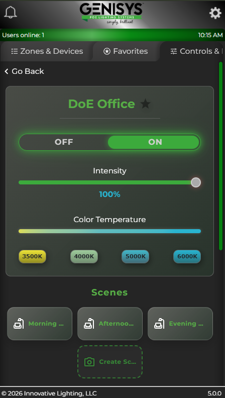 GENISYS software phone controls for on/off, intensity, ColorTune, and scenes