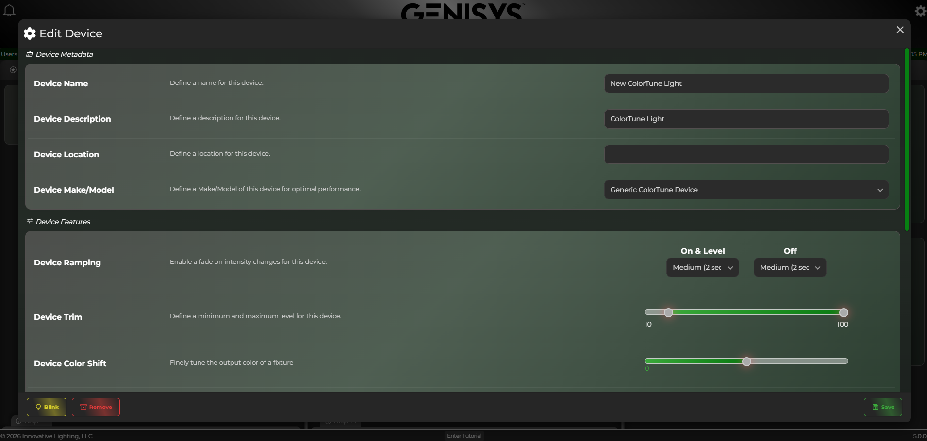 GENISYS software Edit Device screen with ramping, trim, and color shift