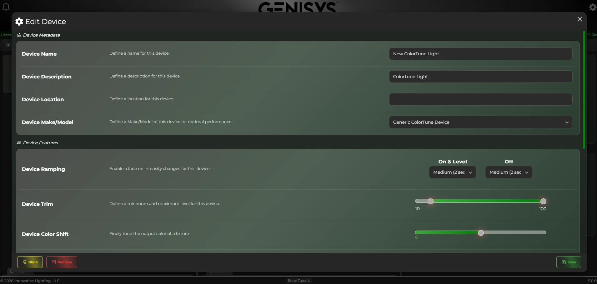GENISYS software Edit Device screen with ramping, trim, and color shift