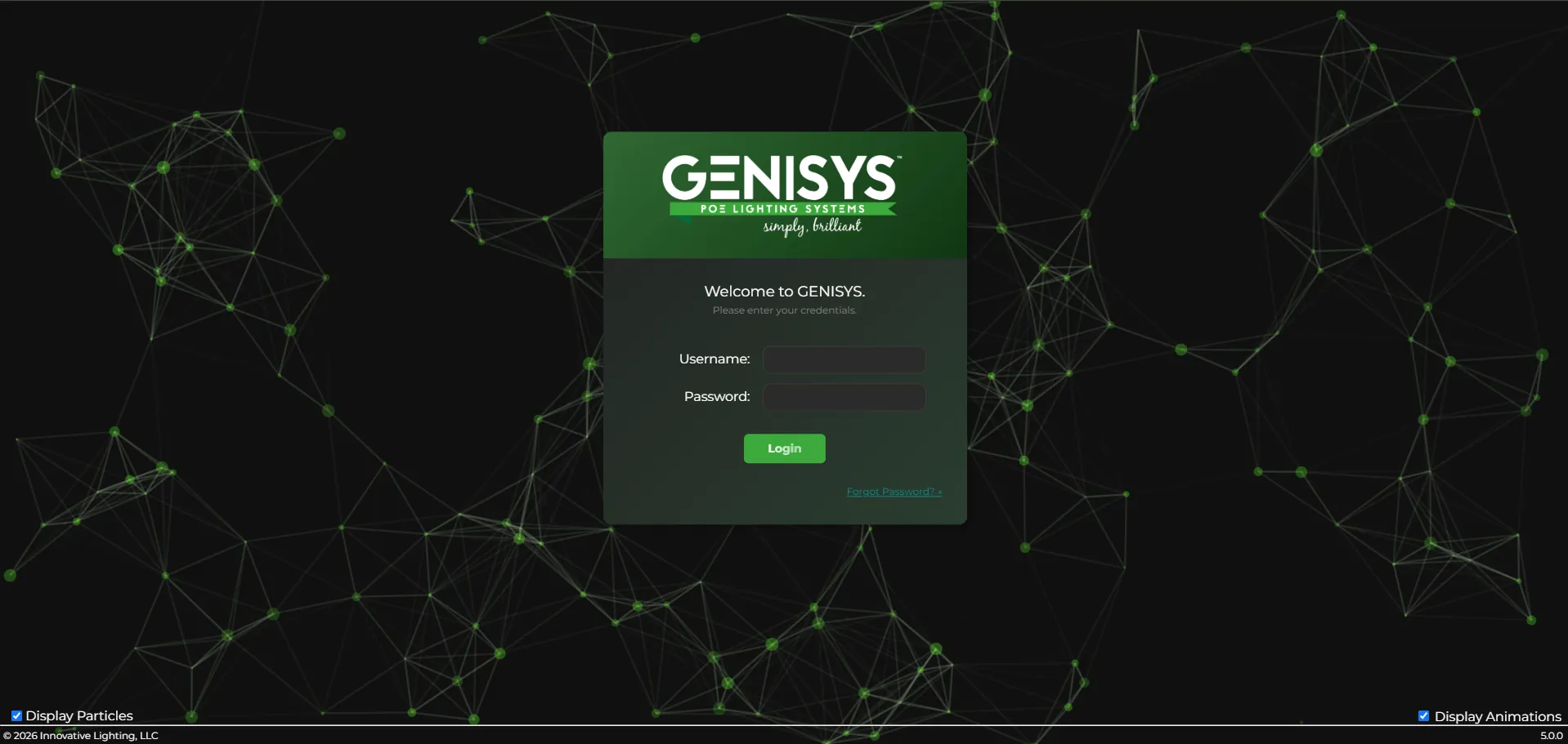 GENISYS software login used to commission a PoE lighting system