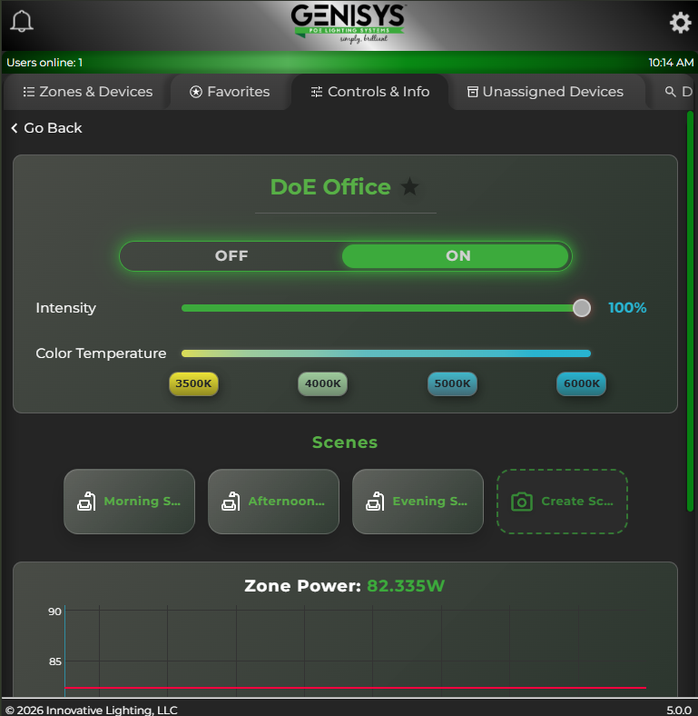 GENISYS software tablet controls for a zone: on/off, intensity, ColorTune, scenes, and zone power