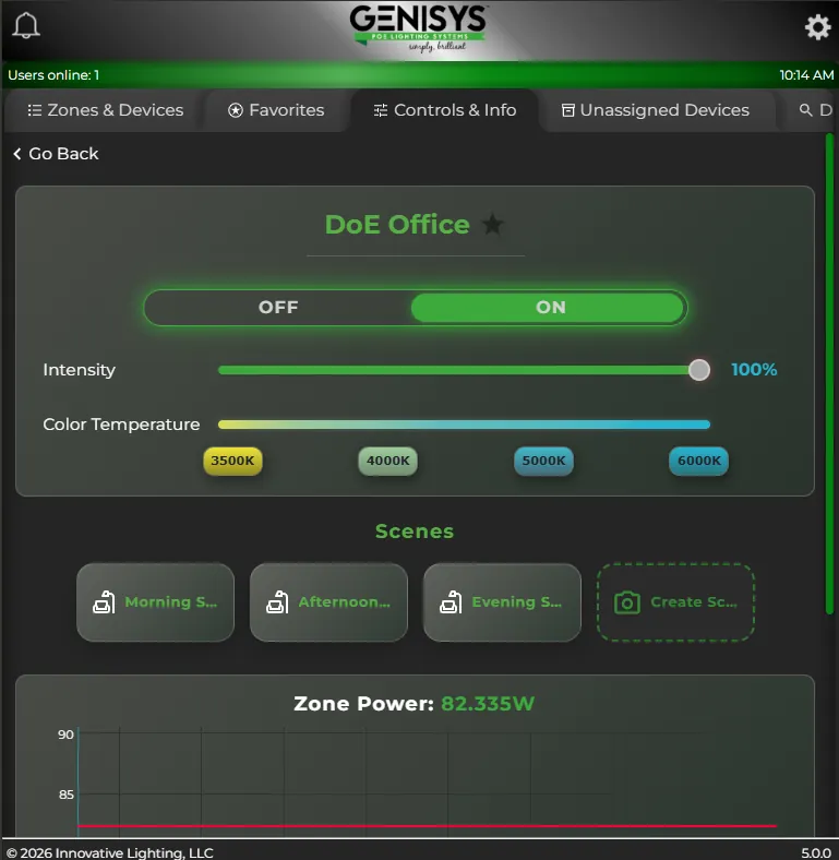 GENISYS software tablet controls for a zone: on/off, intensity, ColorTune, scenes, and zone power
