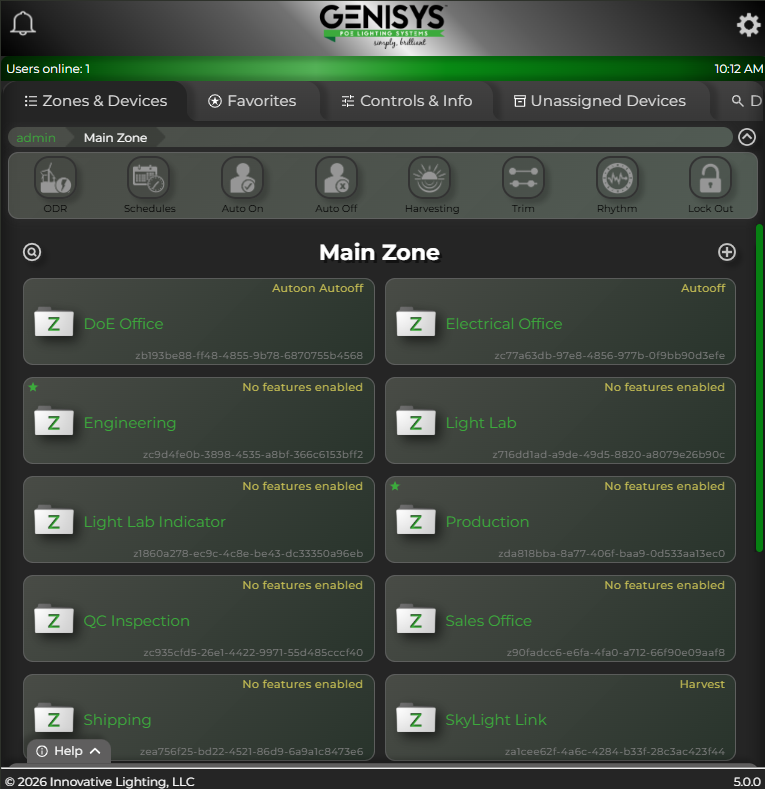 GENISYS software on tablet showing Main Zone folders