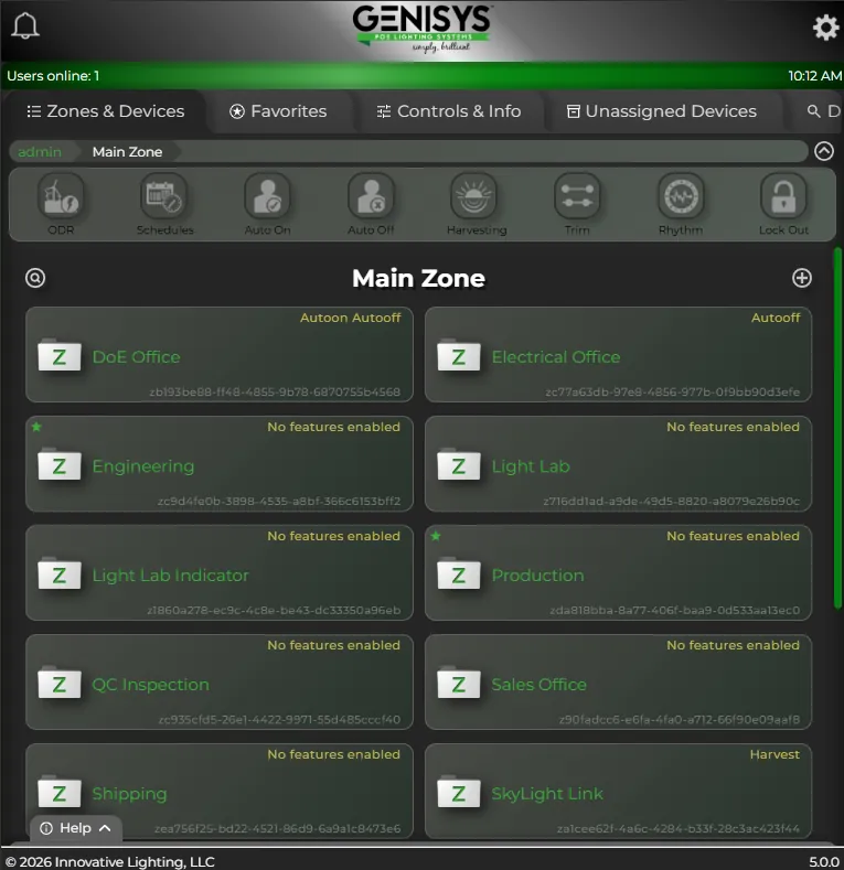 GENISYS software on tablet showing Main Zone folders
