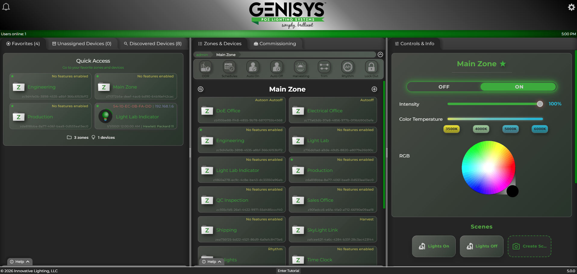 GENISYS PoE lighting software Main Zone with ColorTune, RGB, intensity, and scenes