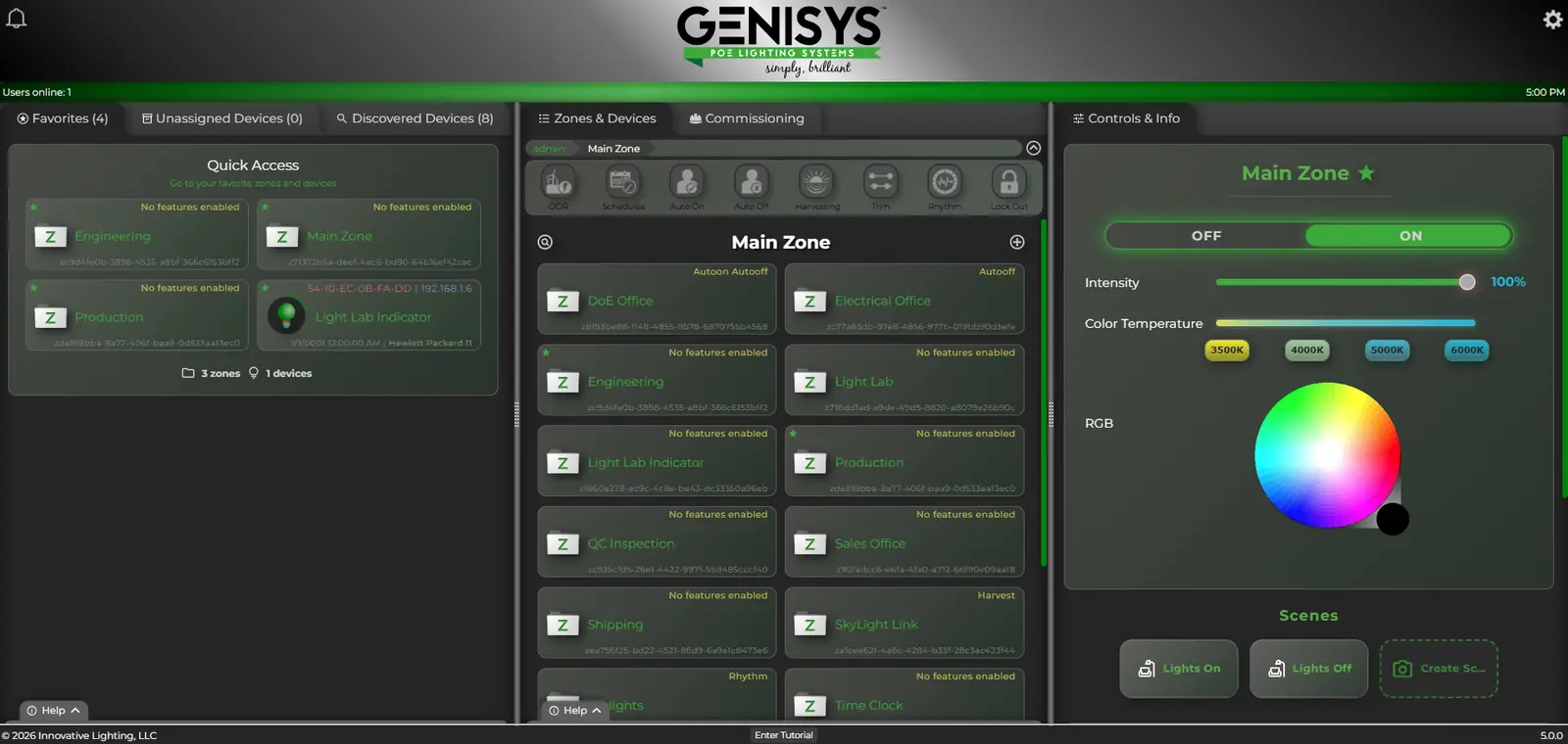 GENISYS software Main Zone used for IT-level lighting maintenance