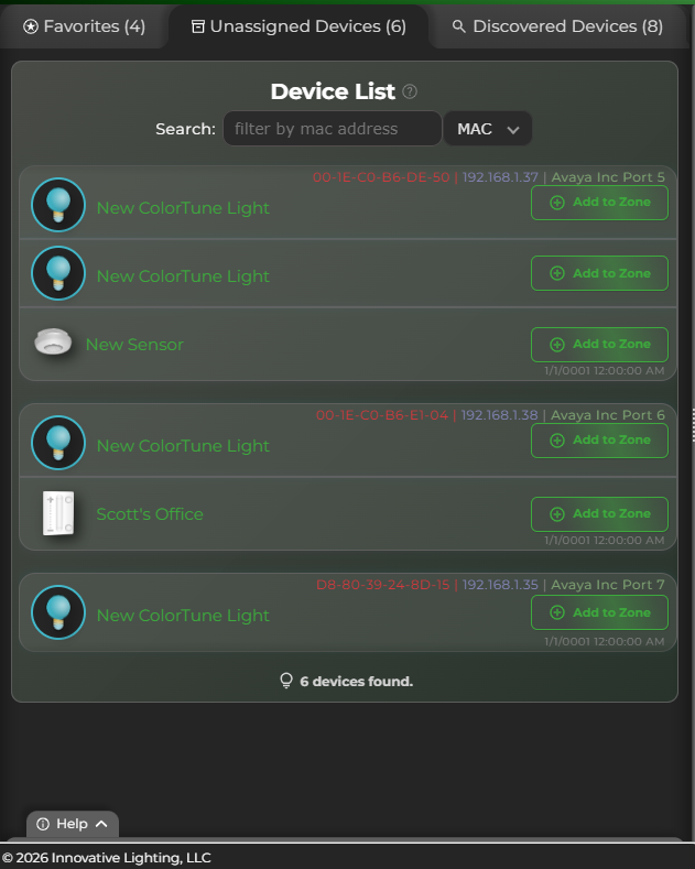 GENISYS software Unassigned Devices list with ColorTune lights, a sensor, and a wall switch
