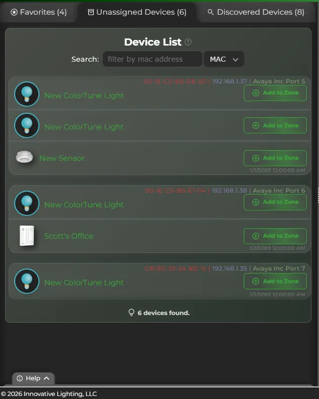 GENISYS software Unassigned Devices list with ColorTune lights, a sensor, and a wall switch